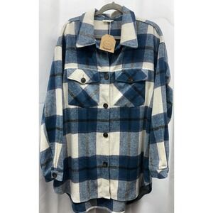 NWT Kori America PLUS Plaid Button Down Shacket Teal Blue Ivory Size XL‎